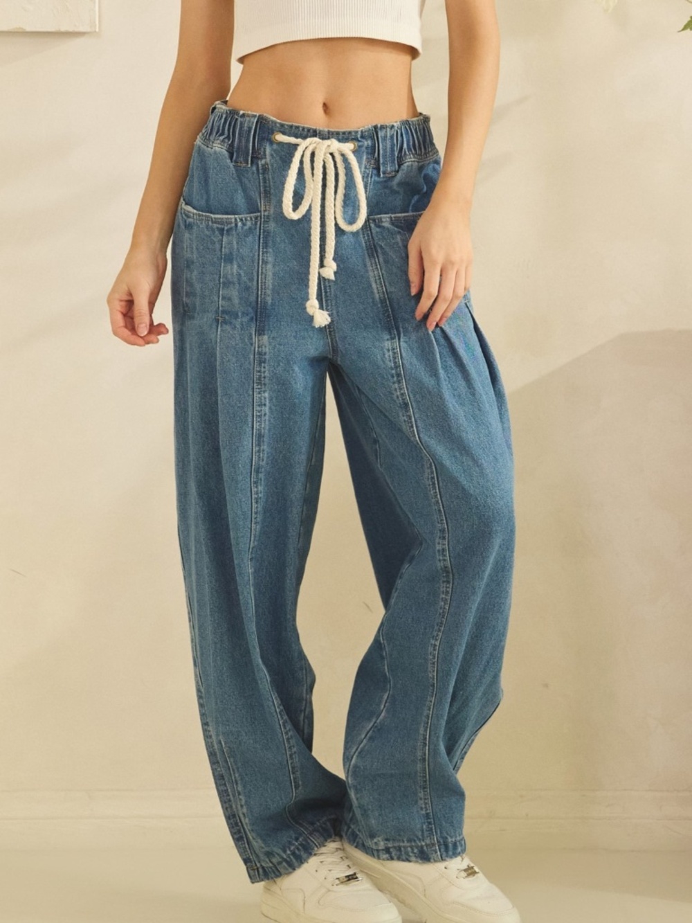 Sage + Fig Medium Wash Stretchy Waist Wide leg Denim Jean Joggers